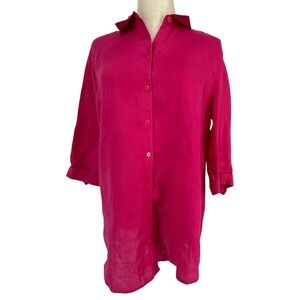 Chicos No Iron 100% Linen Shirt Magenta Pink Button Down Tunic Womens Sz 1 8/10
